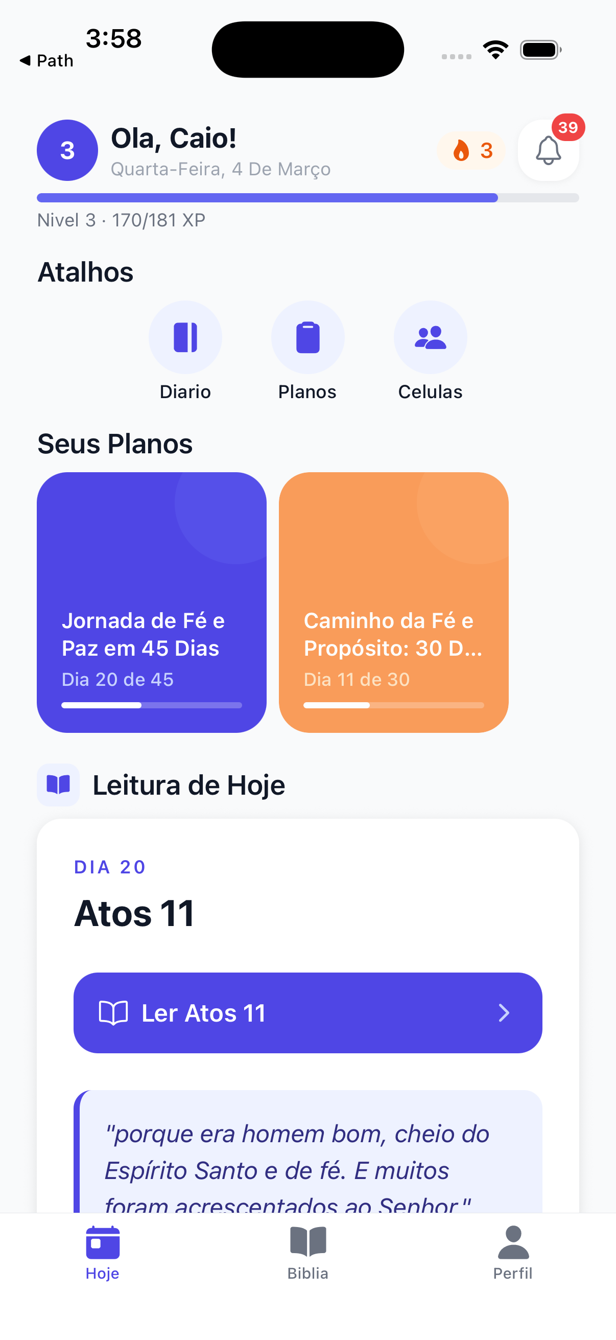 Tela inicial do Path com devocional do dia